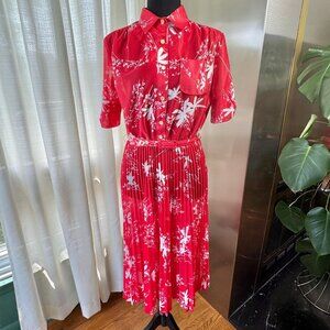 Vintage 80s dress, red, white floral leaves pattern, pleated skirt